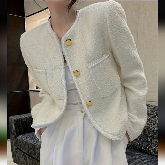 Jackets & Blazers - Elegant Beige Women's Blazer Jacket - Button-Front Coat, Structured Non-Stretch